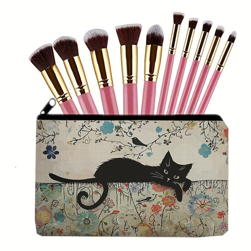 Cat Print Makeup Bag - Vintage Cosmetic Pouch for Women, Gift for Cat Lovers