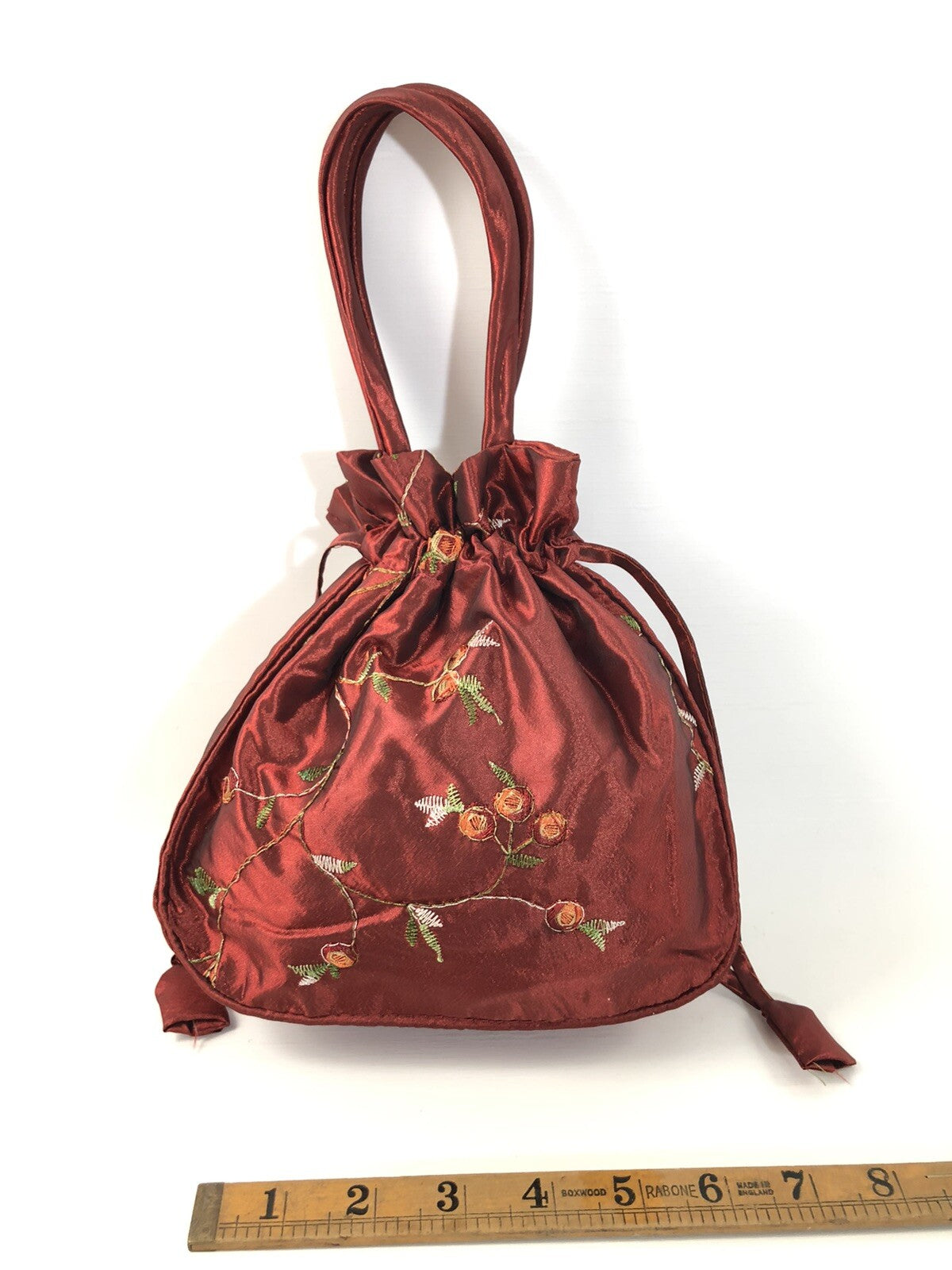 Burgundy Satin Rose Pattern Drawstring Cosmetic Bag Travel Pouch