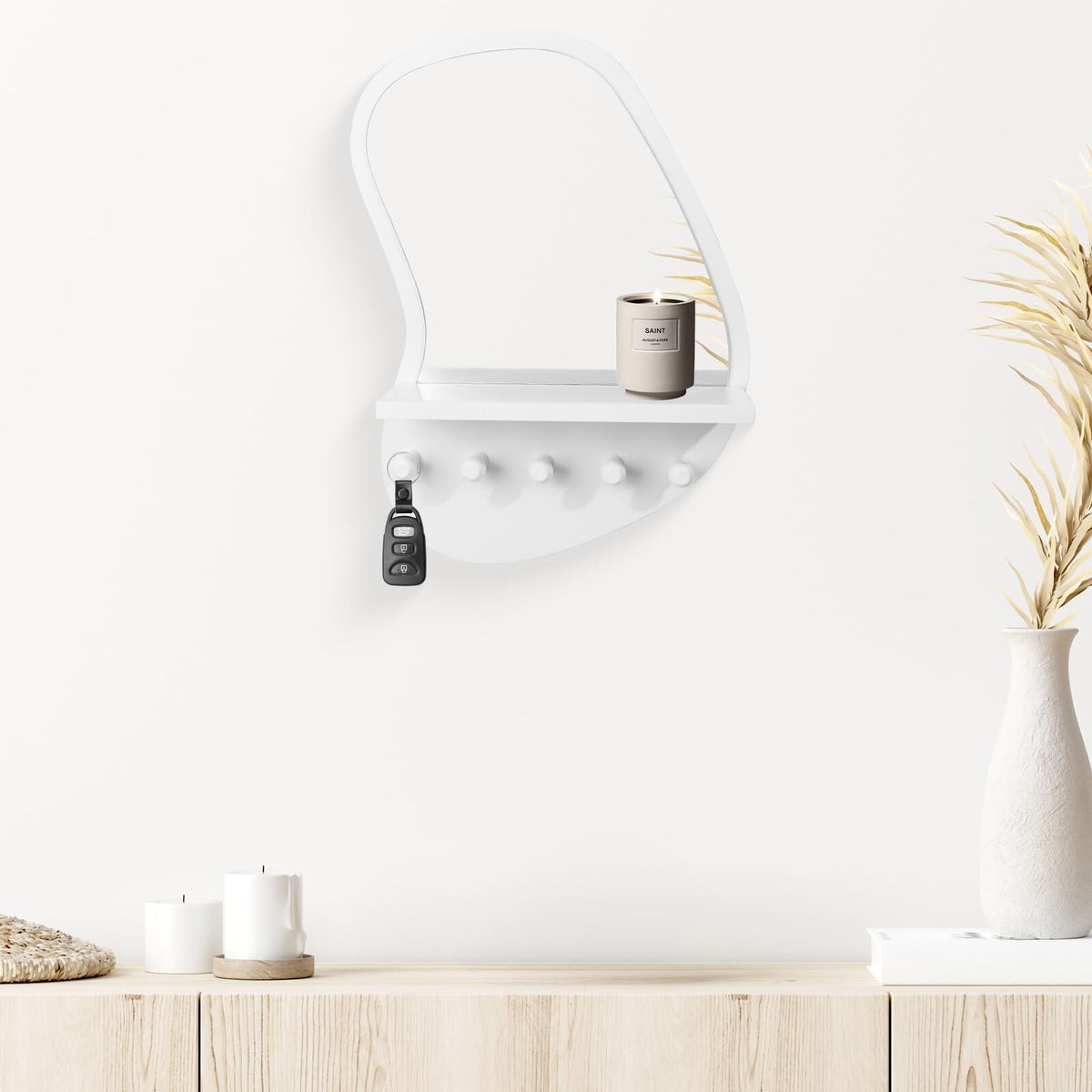 Wall Mount Wood Frame Irregular Mirror with Shelf & Hooks for Entryway, Bedroom, Living Room