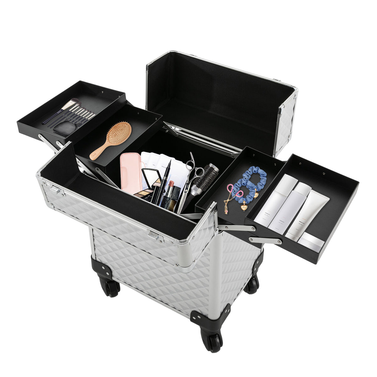 Lockable Rolling Makeup Case with Wheels and Organizer for Cosmetics & Beauty Tools