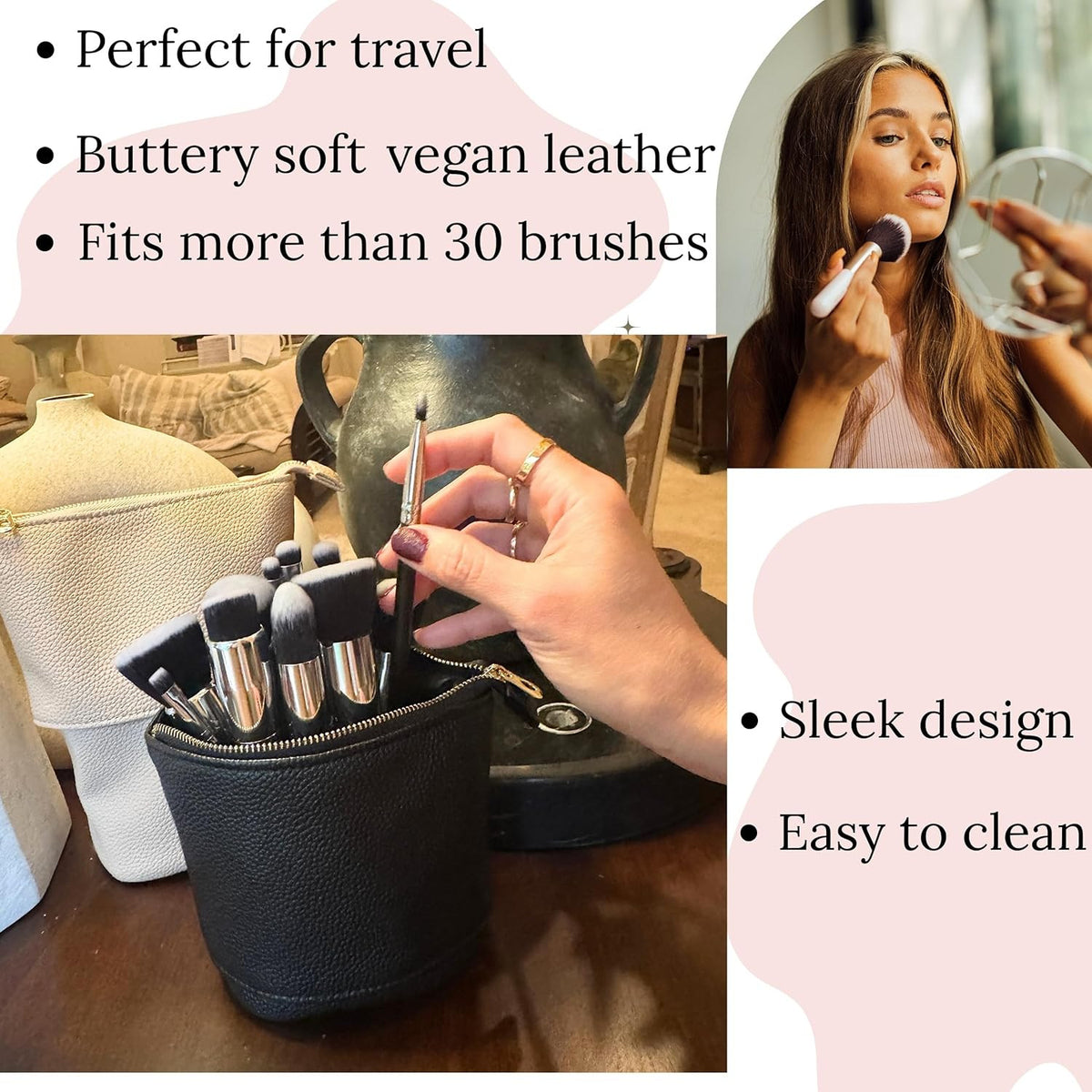 Travel Makeup Brush Holder Bag - 2-in-1 Stand-Up Cosmetic Pouch, Water-Resistant, Black