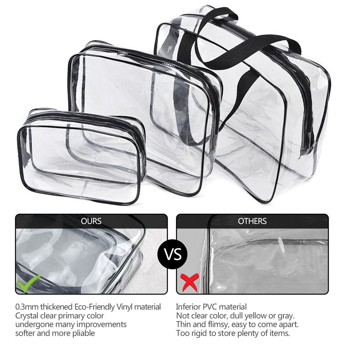 3 Pack Transparent PVC Travel Toiletry Cosmetic Bag Set Waterproof Organizer