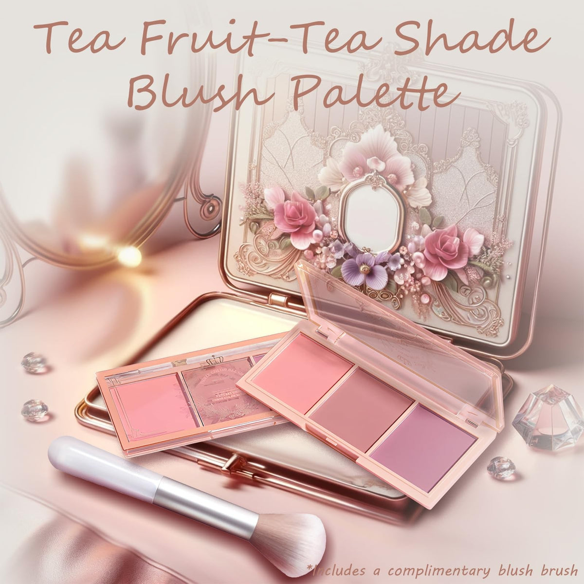 3 Color Matte Pink Blush Palette with Brush - Long Lasting Cheek Makeup