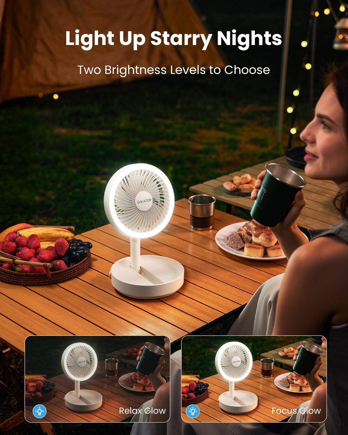 Foldable Desk Fan with Night Light, Portable 6.8in USB Rechargeable