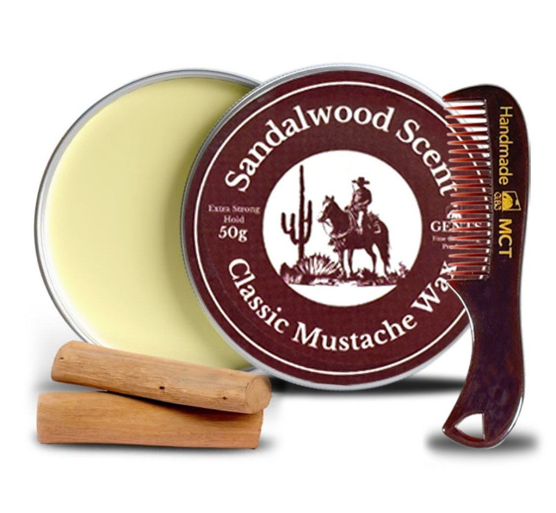 Strong Hold Sandalwood Mustache Wax & Comb Set - Grooming & Styling 50g