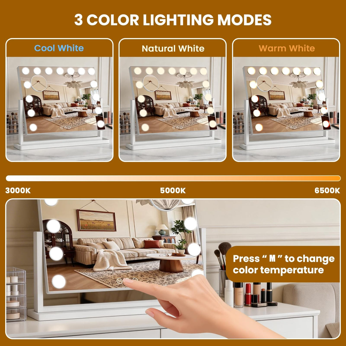 Bearolve 23x17 Inch Hollywood Vanity Mirror with Lights, Adjustable Brightness & 3 Modes