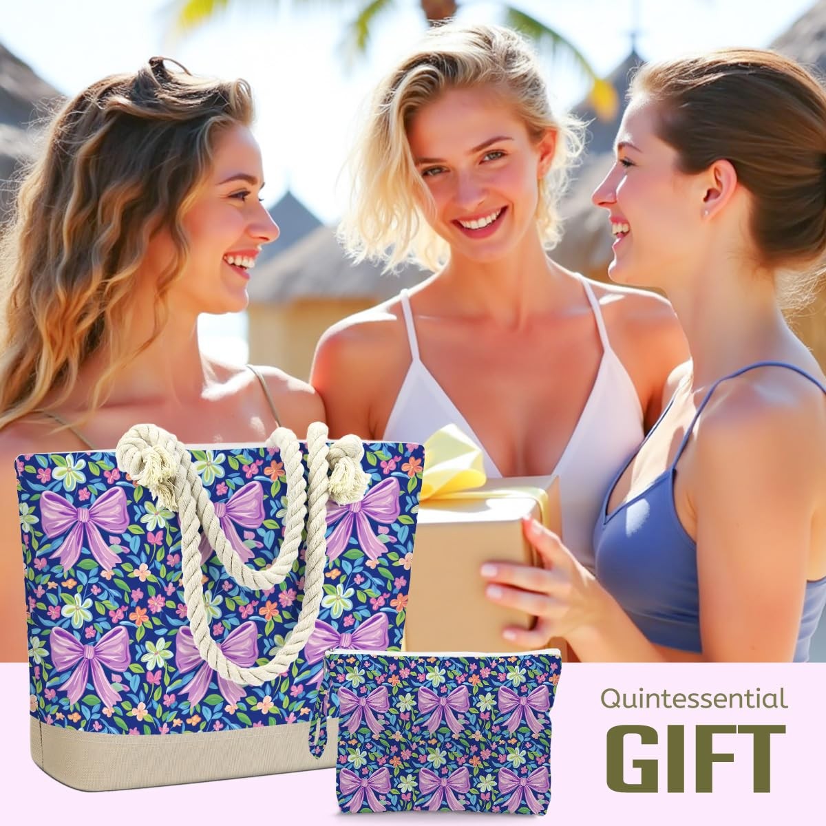 Waterproof Beach Tote Bag and Wet Cosmetic Bag Set for Women