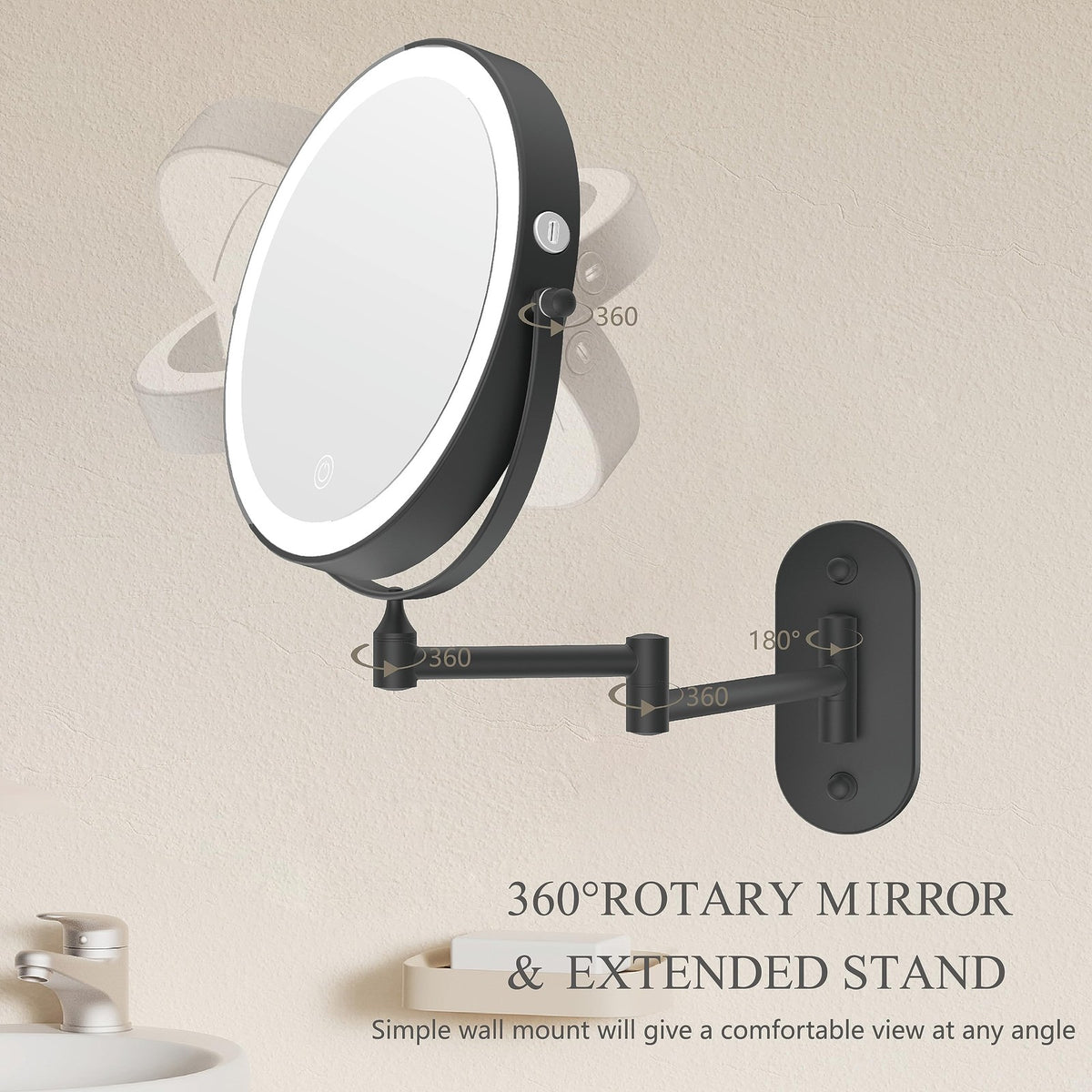 Rechargeable 8 Inch Wall Mounted Lighted Makeup Mirror with 10X Magnification and Dimmable Lighting