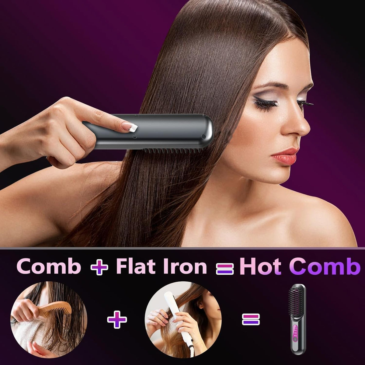 Cordless Ionic Ceramic Hair Straightener Brush for Thick & Curly Hair