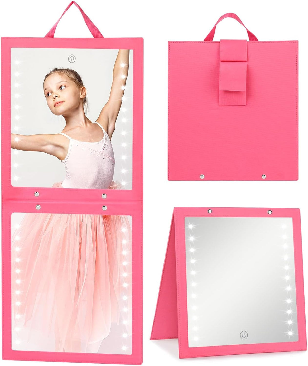 Lighted Hanging Mirror for Dance Backstage - Foldable, Rechargeable, 12.3 x 11.5 Inch, Berry