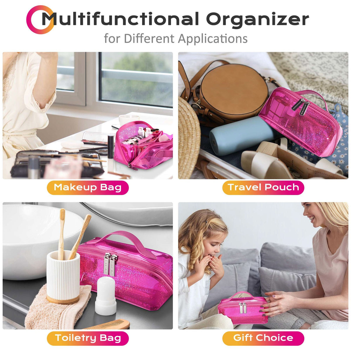 Pink Water-Resistant Makeup Organizer Bag with Multiple Compartments