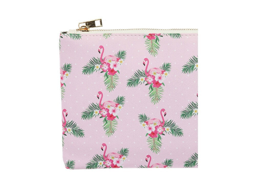 Pink Flamingo Print Vinyl Cosmetic Pouch - 10x7 Makeup Clutch Bag Gift Idea