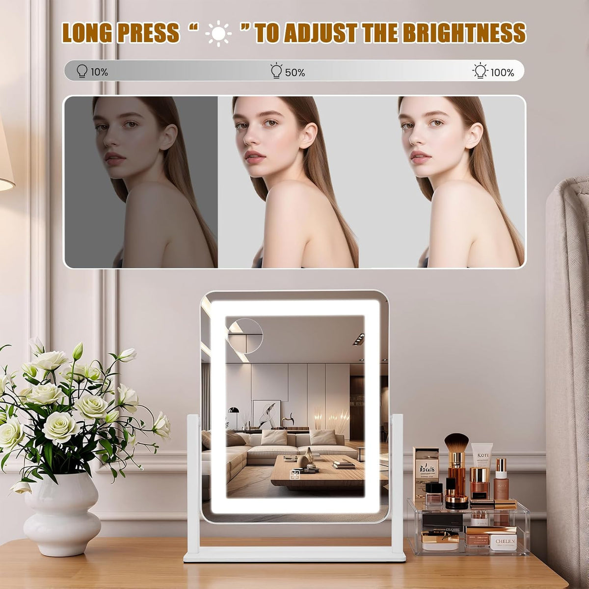 Large LED Makeup Mirror with Lights, 15x12.2 Inch Dimmable Vanity Mirror with 3 Color Modes & 360° Rotation