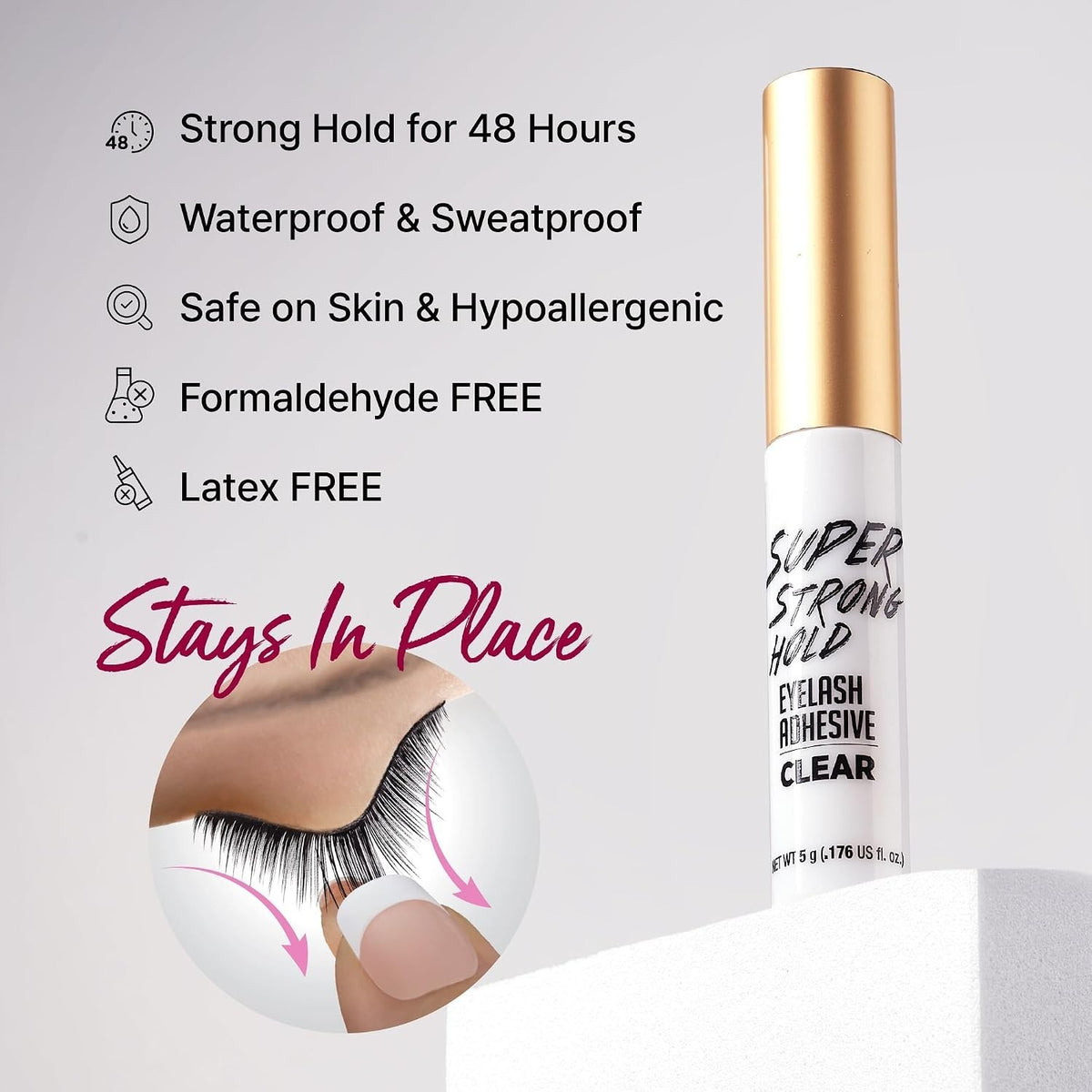 Strong Hold Waterproof Eyelash Adhesive - Clear, Latex-Free, 48-Hour