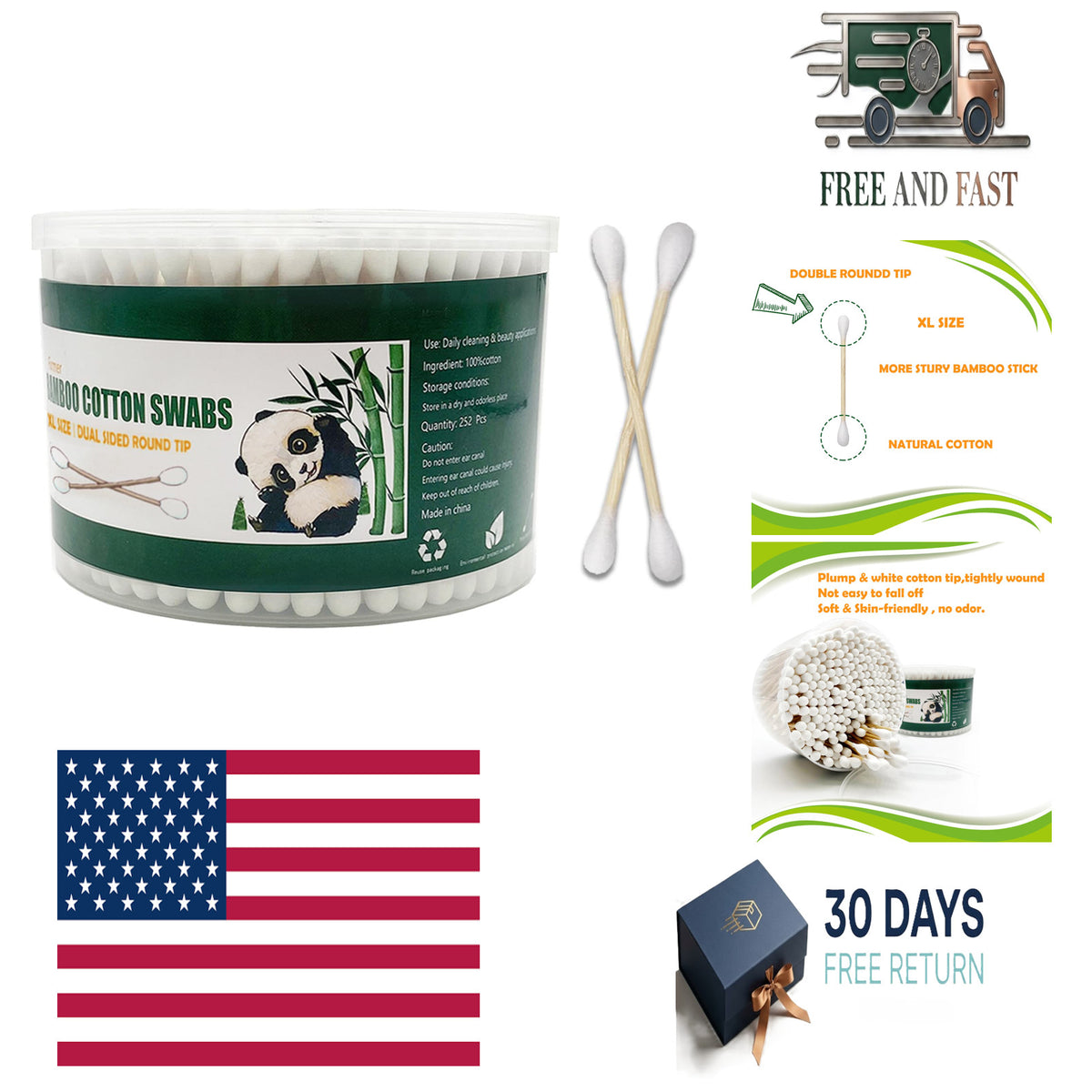 Thick Bamboo Cotton Swabs - XL Size Tips, Jumbo Pack 252 Count