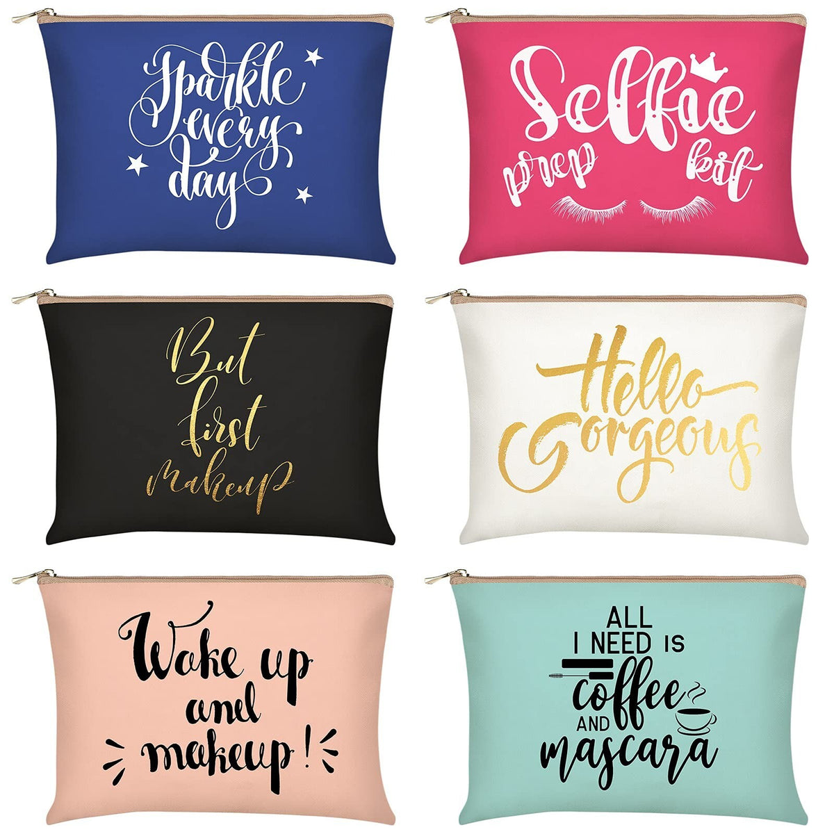 6-Pack Funny Canvas Makeup Bags Portable Cosmetic Pouches for Women & Travel