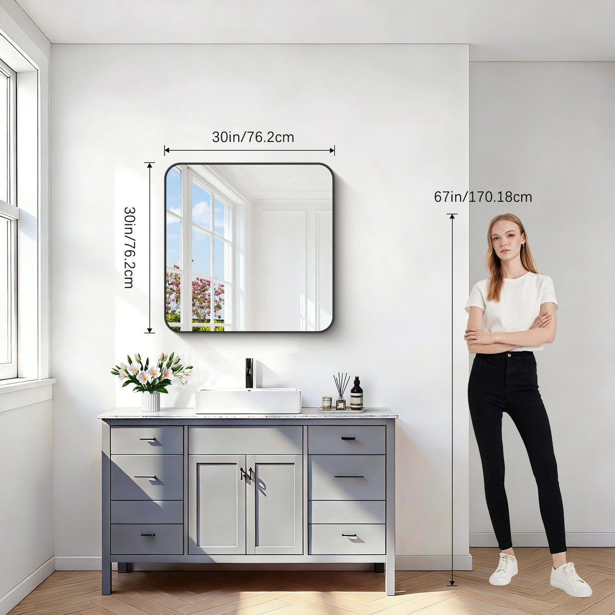 30x30 Inch Black Wall-Mounted Bathroom Mirror with Rounded Corners