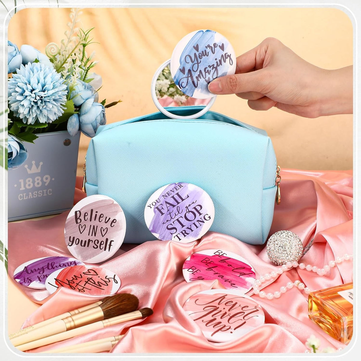 Bulk 50 Pack Portable Compact Mirrors with Inspirational Quotes for Women and Gifts