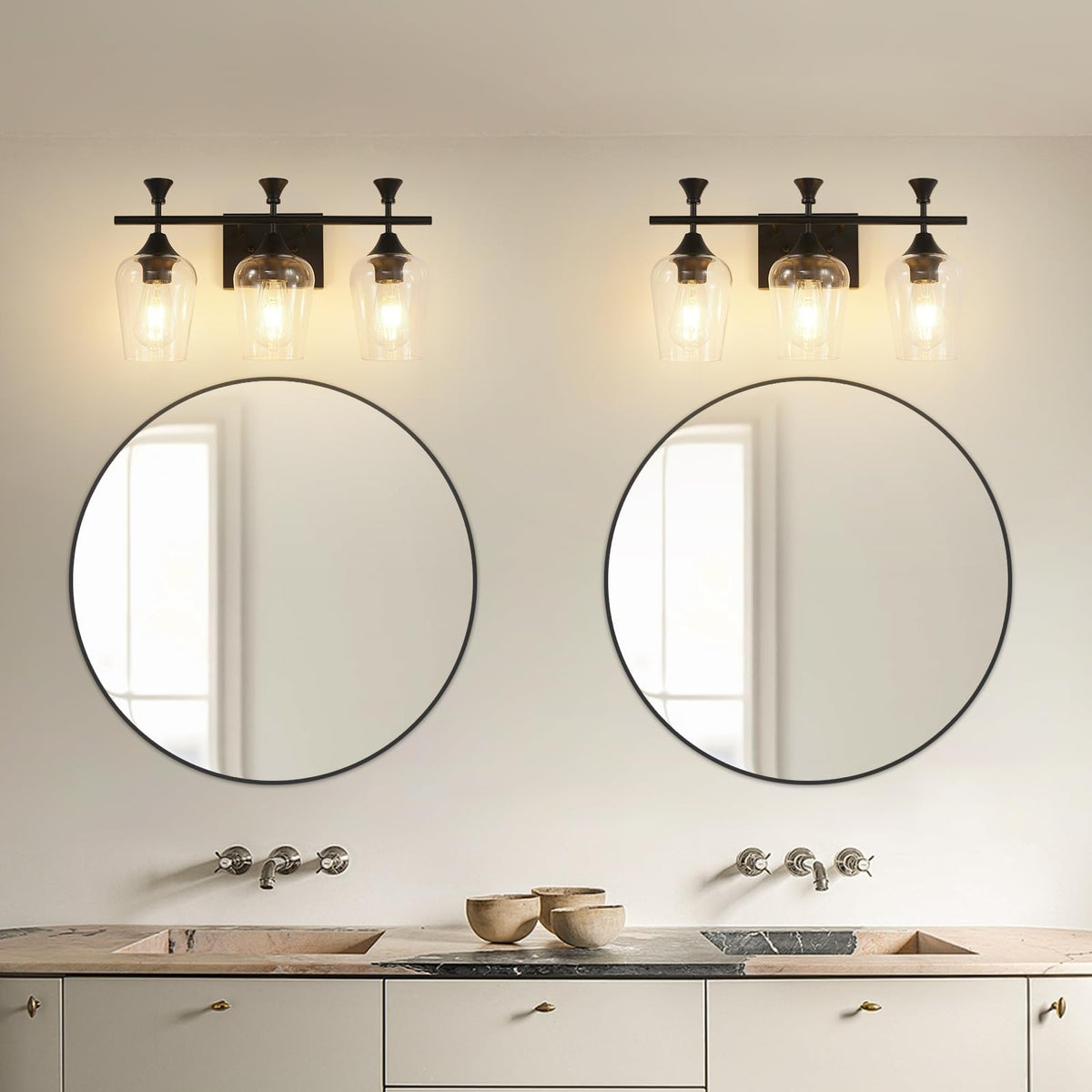 3-Light Matte Black Bathroom Vanity Light Fixture with Clear Wine Glass Shades - Modern Wall Sconce, 19 Inch