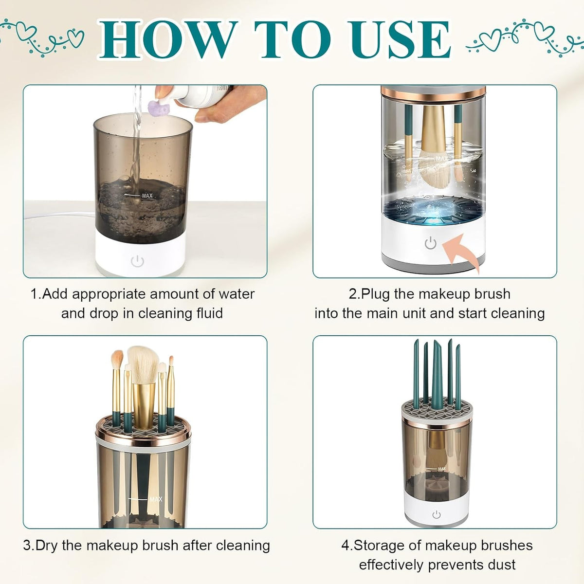 Electric Makeup Brush Cleaner 4-in-1 Multifunctional Tool with Drying & Storage