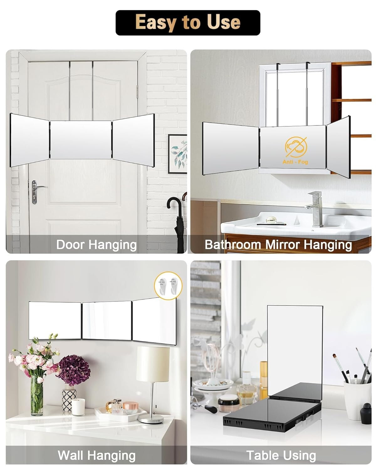 Self Hair Cutting Mirror with 360° Viewing, Anti-Fog HD Glass, Wall & Table Mount