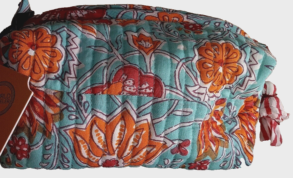 Cotton Makeup Bag with Floral Pattern - Multicolor Cosmetic Pouch