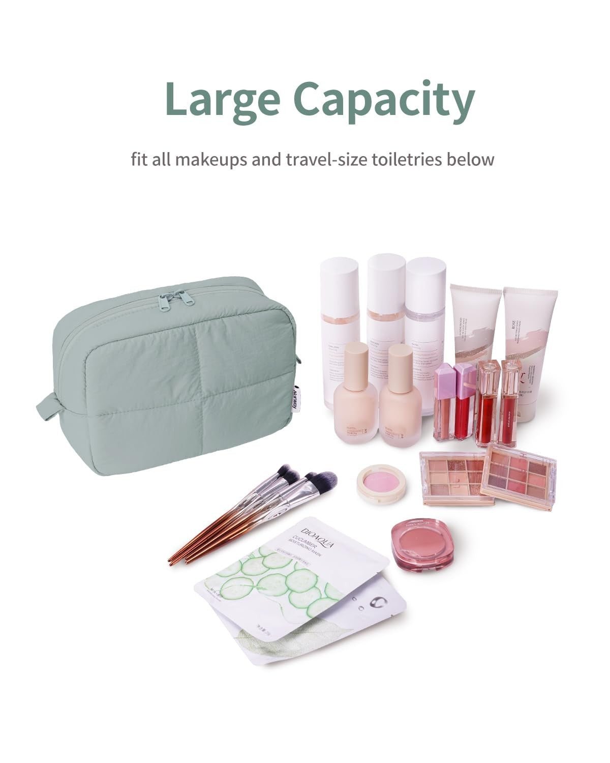 Travel Makeup Bag for Women Puffy Padded Cosmetic Organizer - Green
