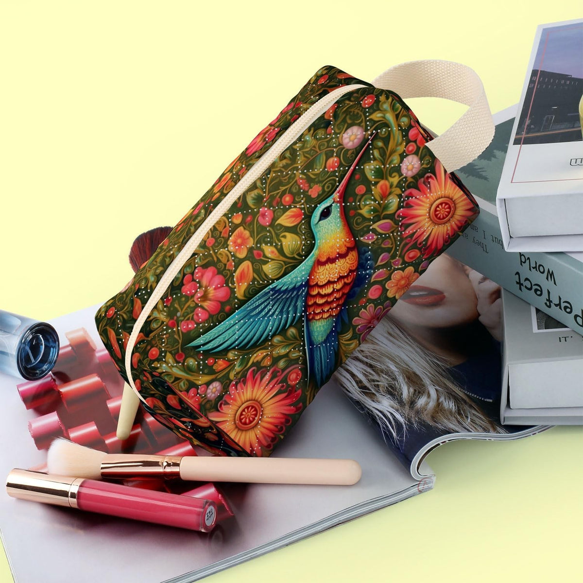 Velvety Quilted Makeup Pouch with Hummingbird Print for Travel and Organization