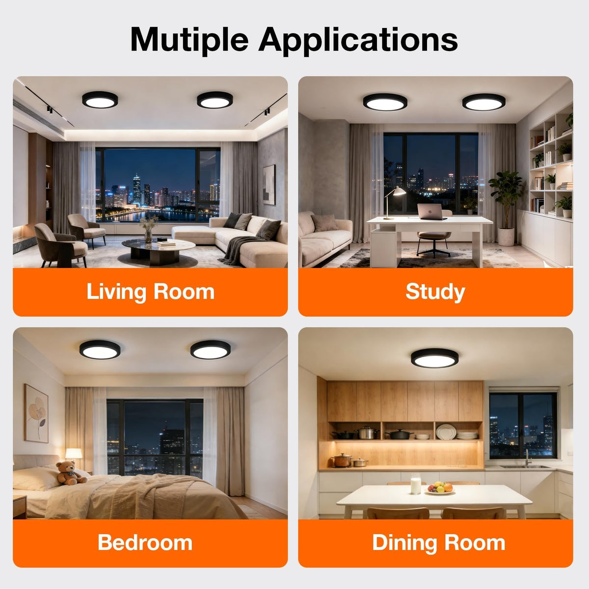 12-Inch LED Flush Mount Ceiling Light Fixture - 24W Warm White, Black