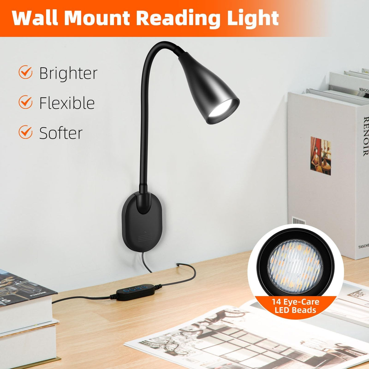 2 Pack LED Wall Mounted Reading Lights with 5 Color Modes, Dimmable, USB Charging