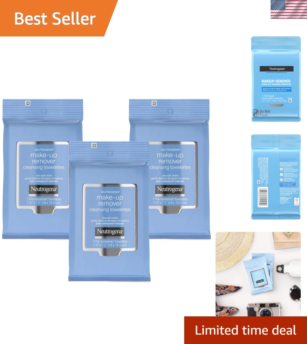 Pack of 3 Ultra Soft Makeup Remover Wipes - Individually Wrapped for Sensitive Skin