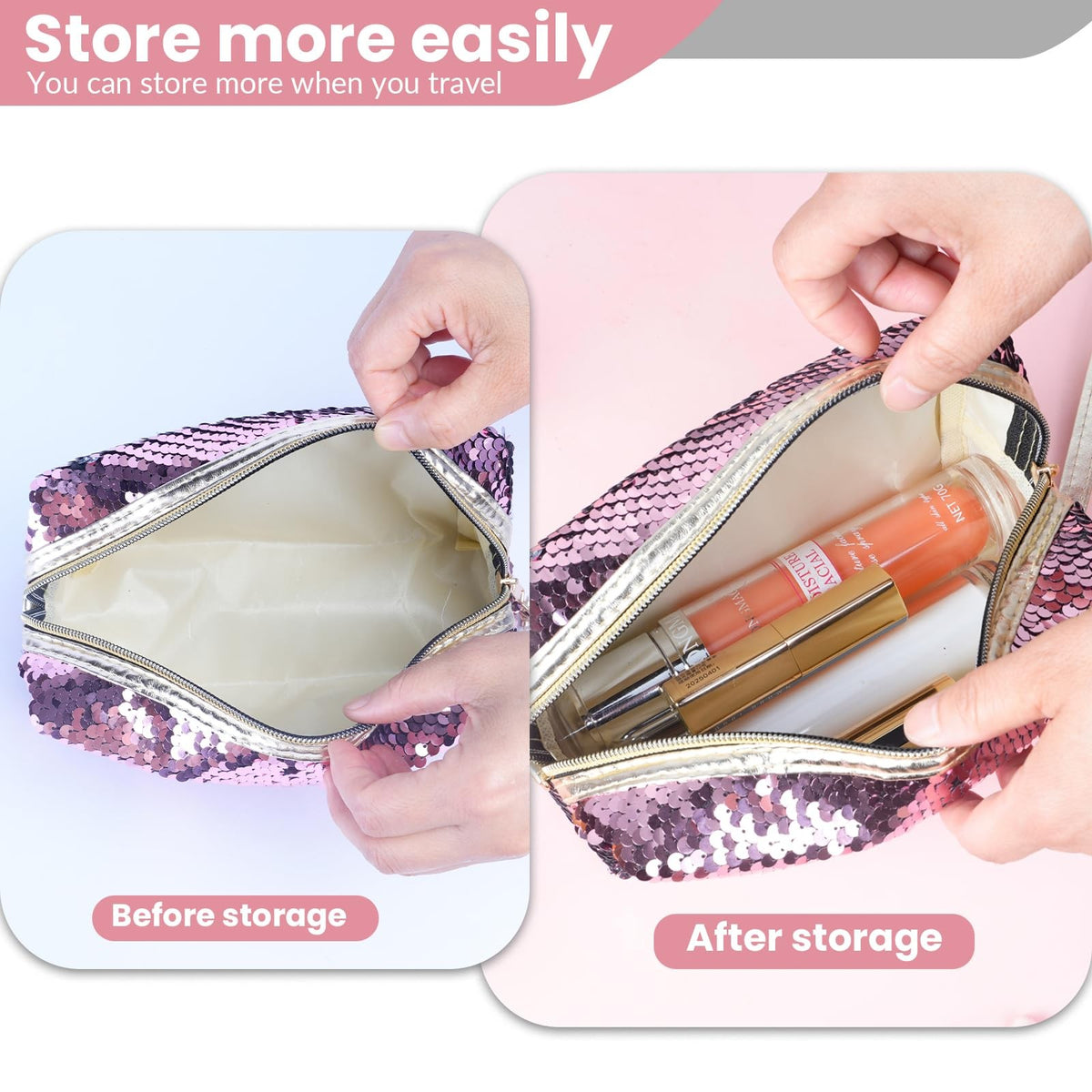 Travel Cosmetic Bag Sequin Makeup Pouch Waterproof Pink
