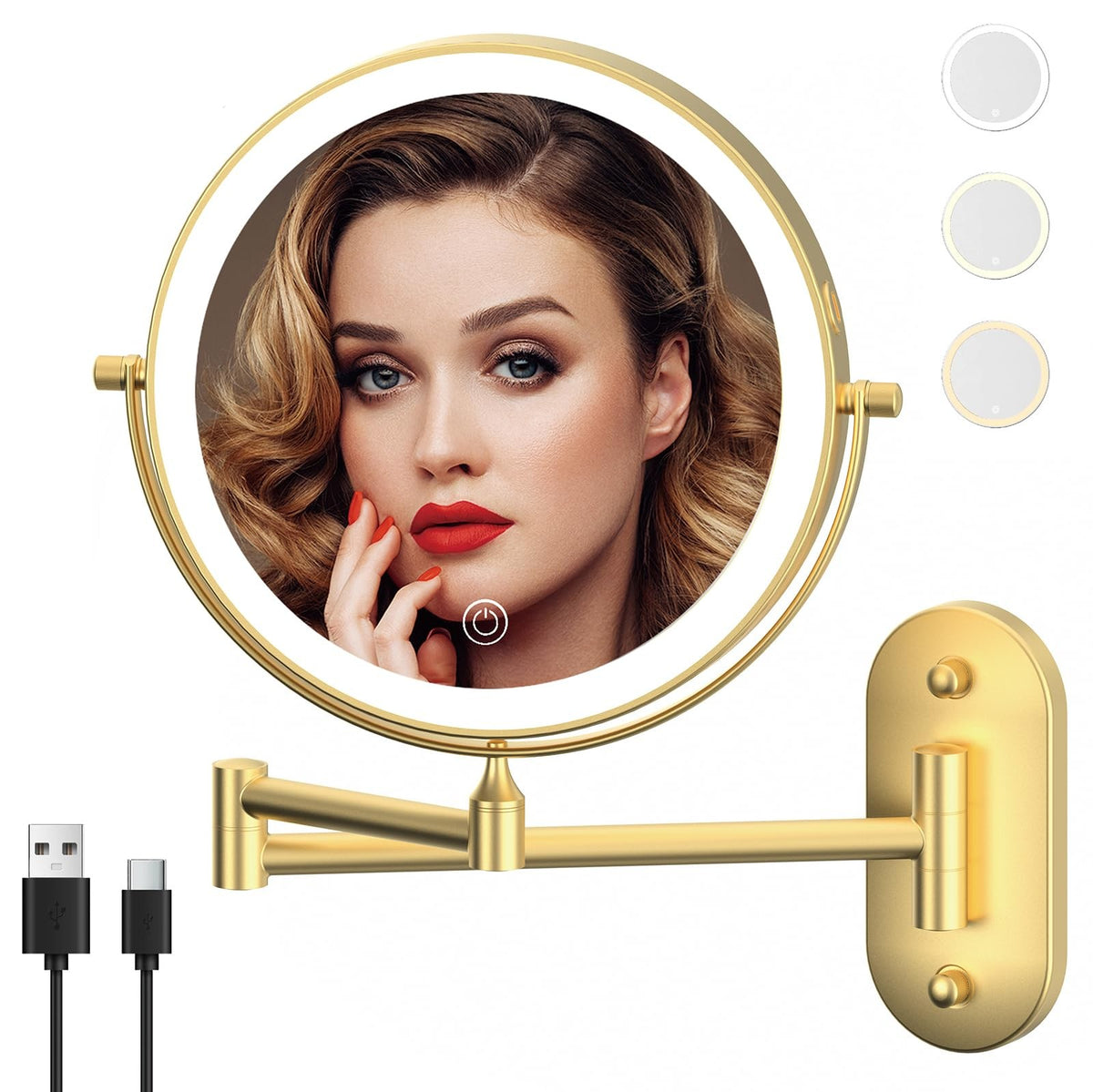 Rechargeable Wall Mounted Lighted Makeup Mirror 8 Inch 1X/10X Magnification with Dimmable LEDs