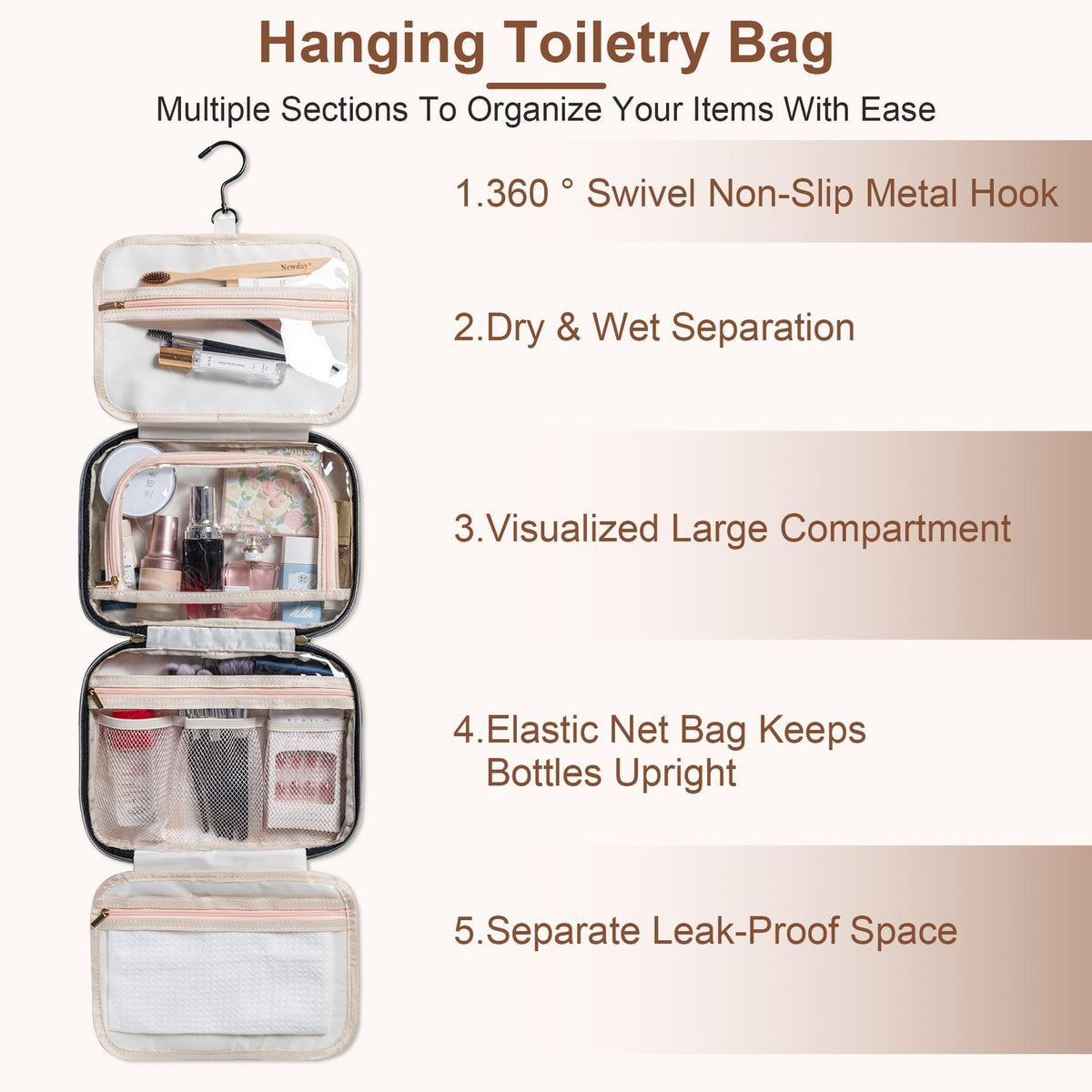 Waterproof Hanging Travel Toiletry Bag with Multiple Compartments - Rose Red