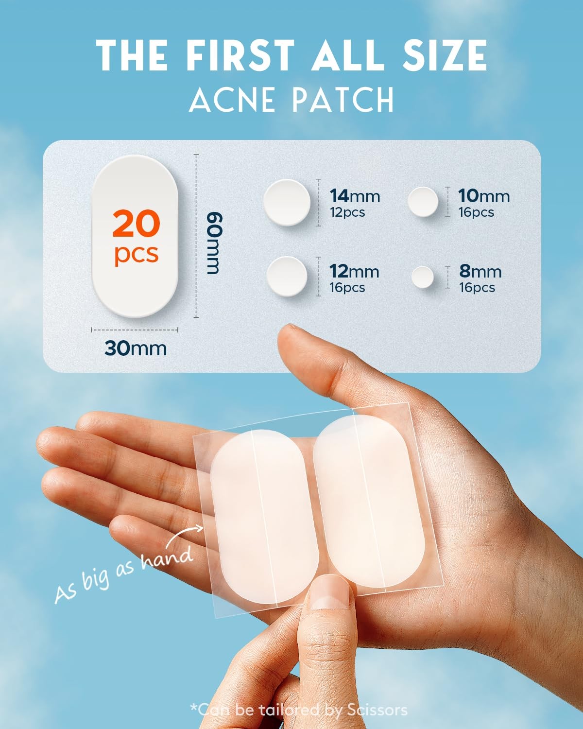 Large Acne Pimple Patches - 5 Sizes, 80 Count, Transparent