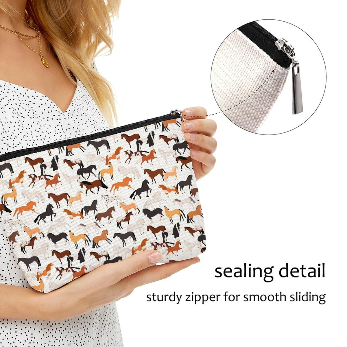 Blue Leaves Waterproof Horse Makeup Bag with Animal Print - Travel Cosmetic Organizer