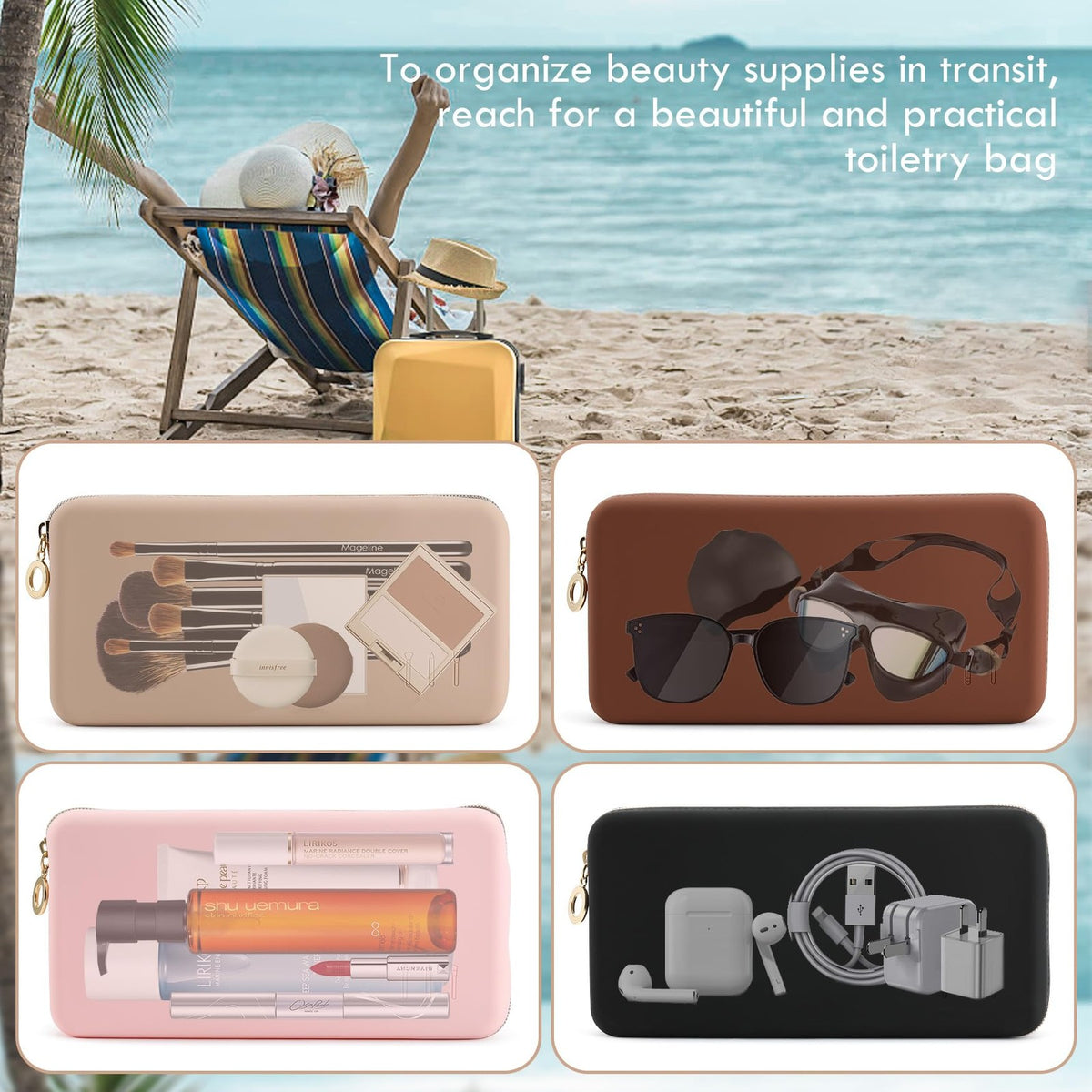 Large Silicone Makeup Brush Bag with Zipper - Travel Cosmetic Organizer, Khaki