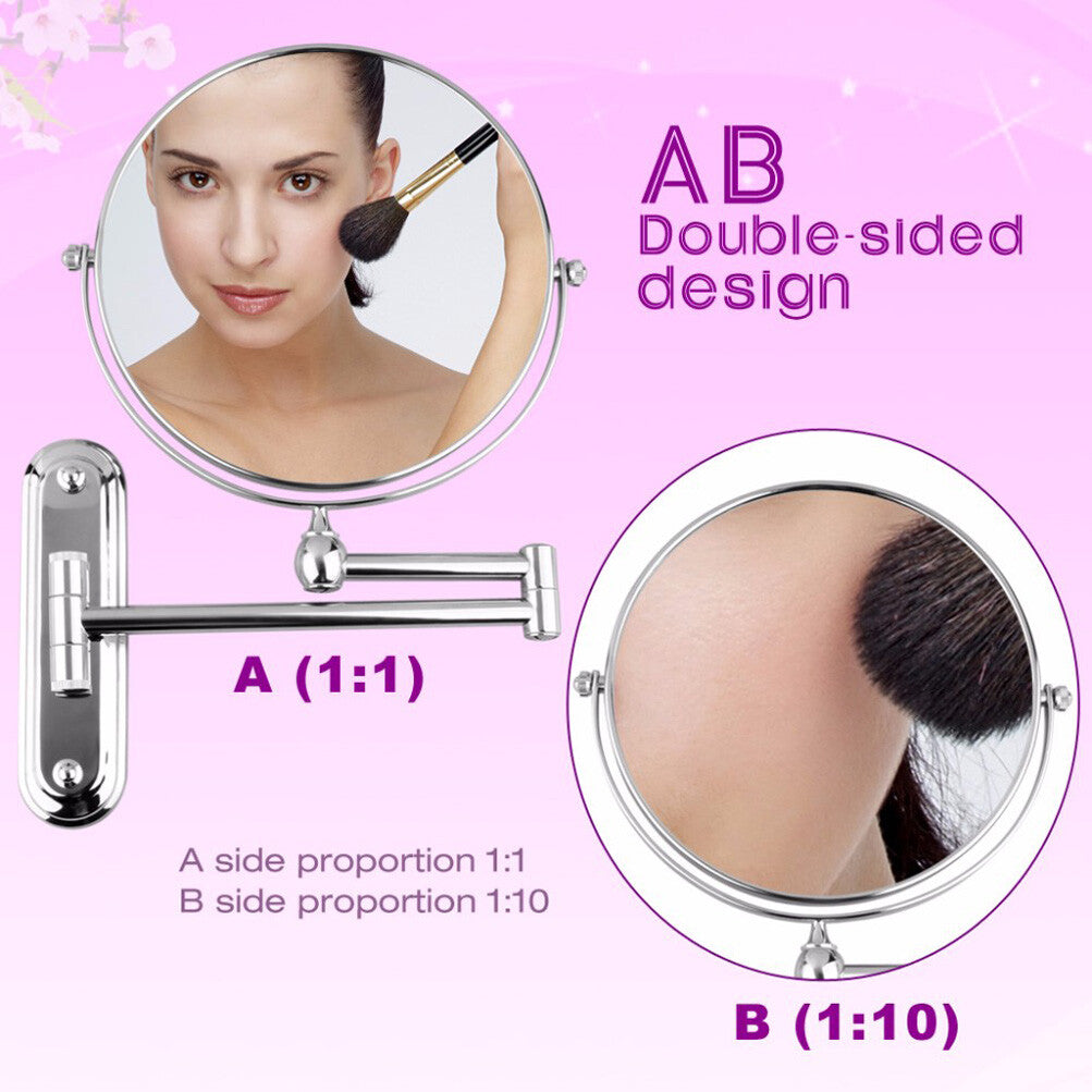 Extending 8-Inch Double-Sided Wall-Mount Makeup & Shaving Mirror with 10X Magnification