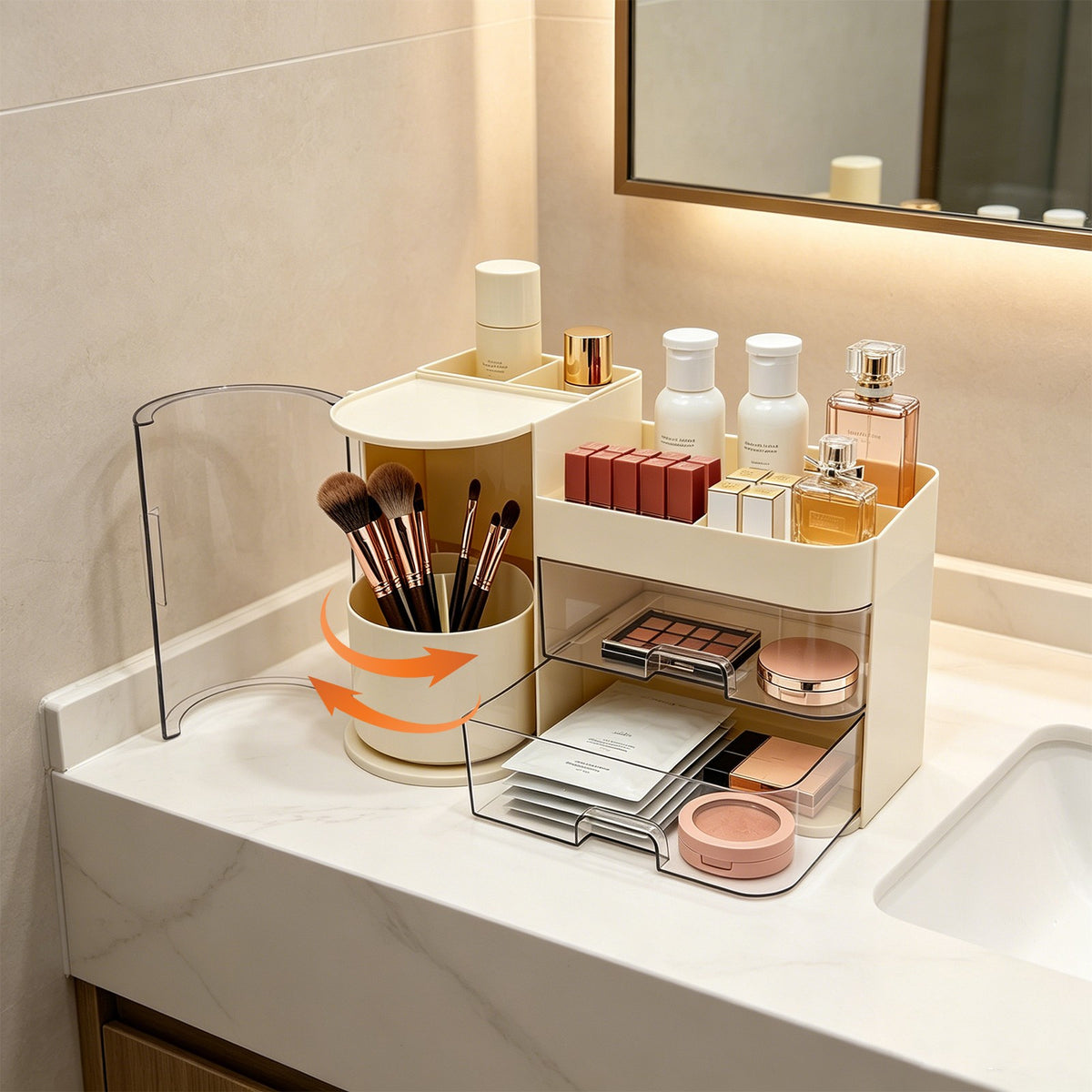 Tiered Makeup Organizer with Brush Holder & Drawers – Countertop Cosmetic Storage Box