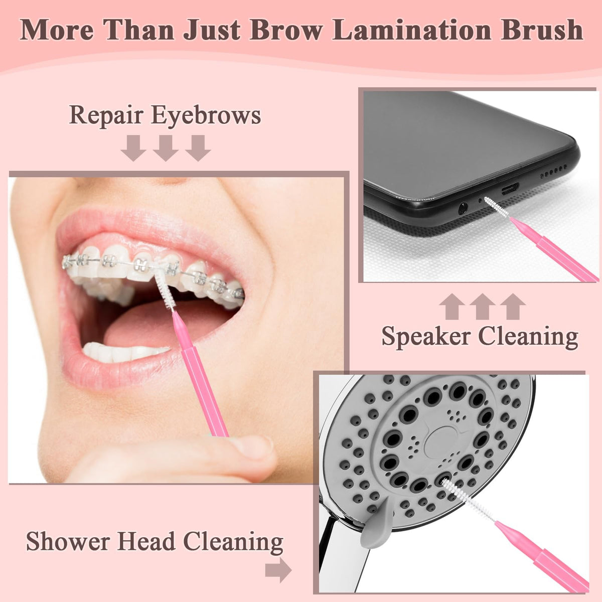 120 Pcs Micro Eyebrow Lash Brush Set with Caps for Makeup & Lamination - Pink