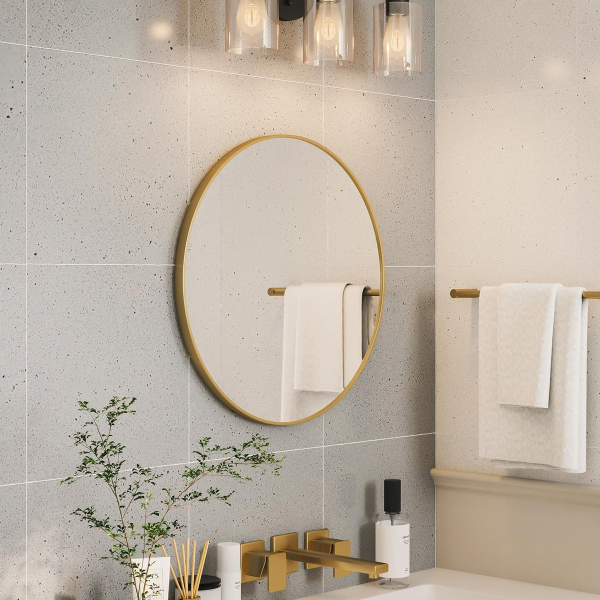 24 Inch Gold Round Wall Mirror - Modern Metal Bathroom & Living Room Decor