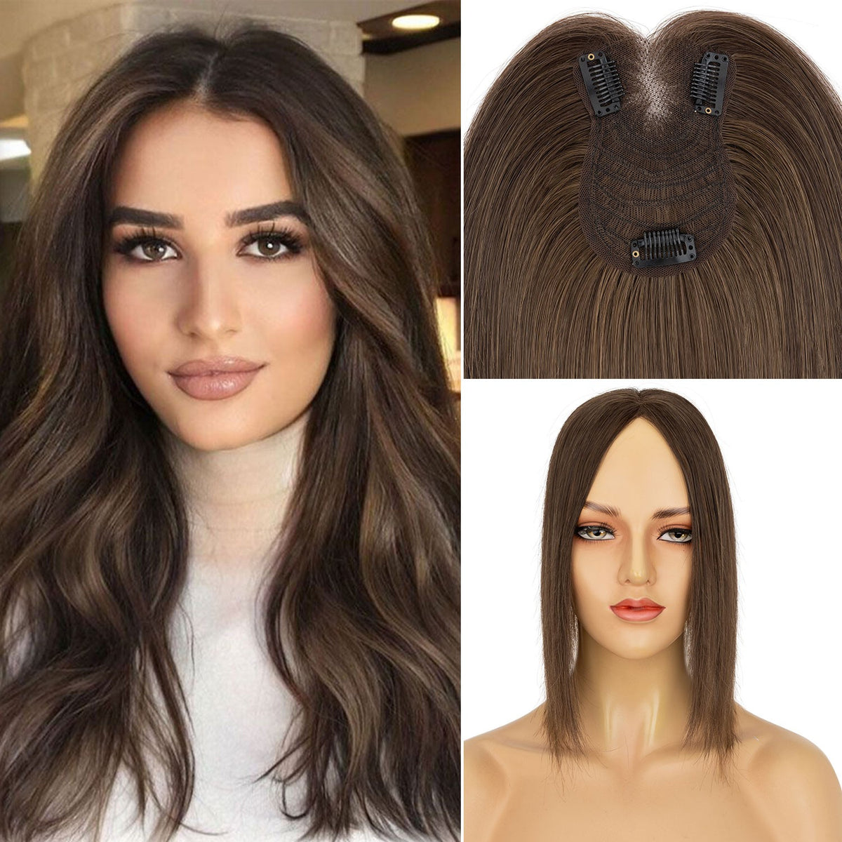 Women's Human Hair Clip-In Hairpiece Topper with Silk Lace Base – Natural Look