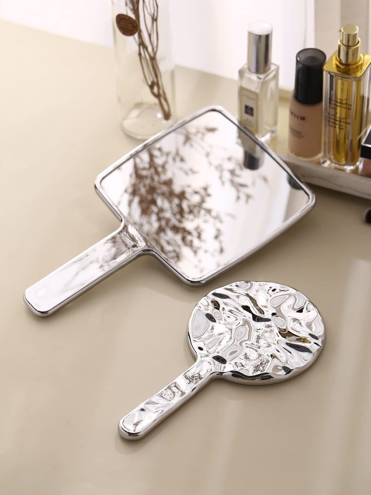 6-Inch x 11-Inch Silver Square Handheld Makeup Mirror with Handle