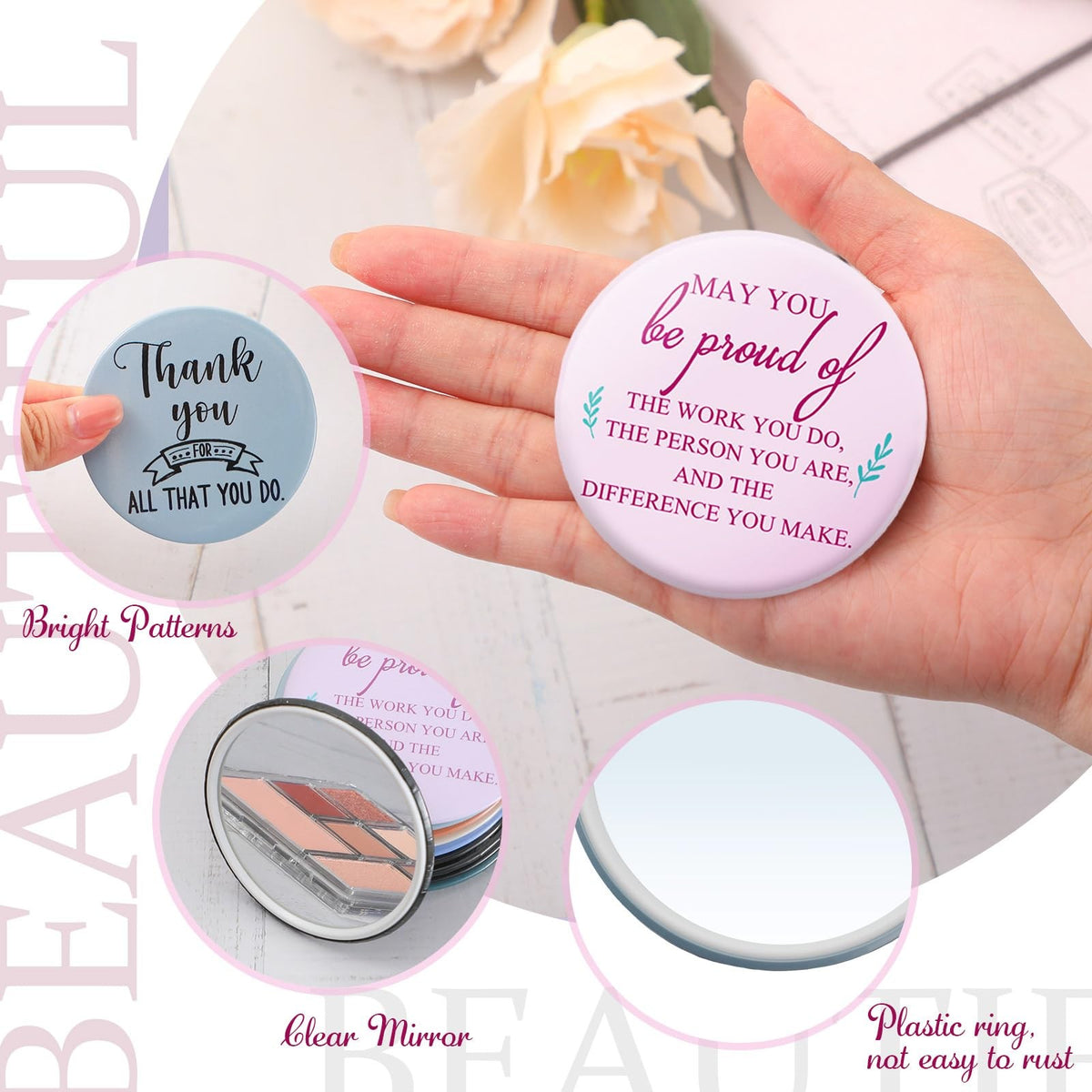 50 Pcs Inspirational Compact Mirrors Bulk, 2.76 Inch Round Pocket Hand Mirrors for Women and Employees