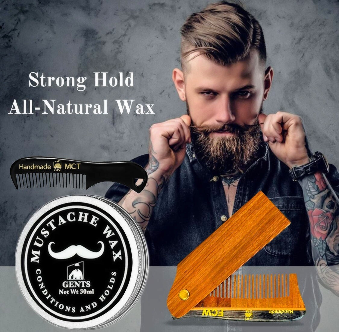 Mustache Wax & Comb Kit - Strong Hold Beard Styling Set
