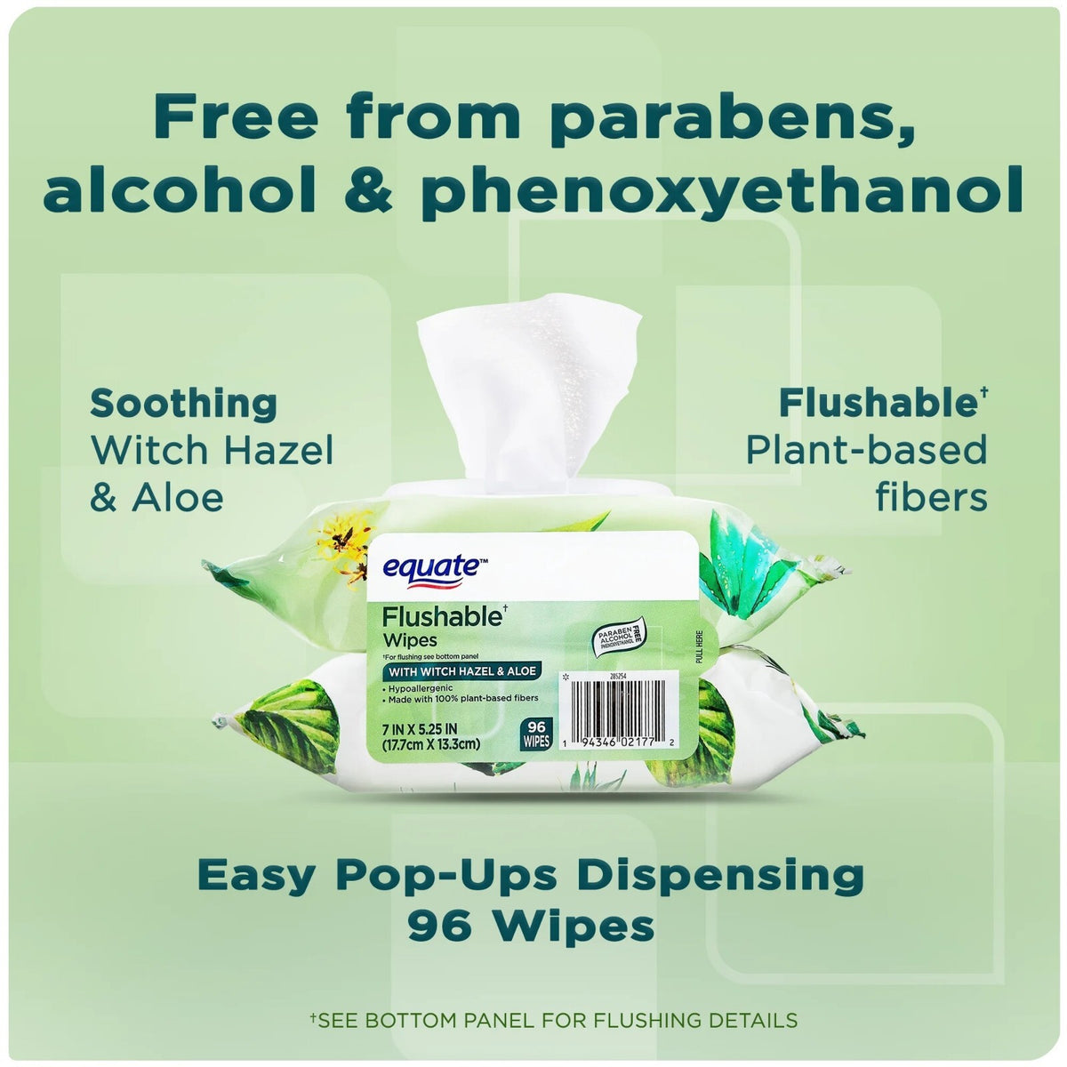 Flushable Wet Wipes with Witch Hazel & Aloe - 96 Wipes, 2 Pack