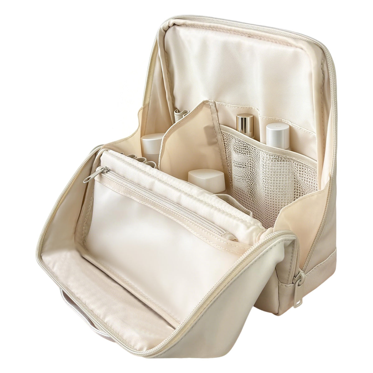 Large Stand-Up Makeup Bag with Multi-Layered Interior Pockets - Beige