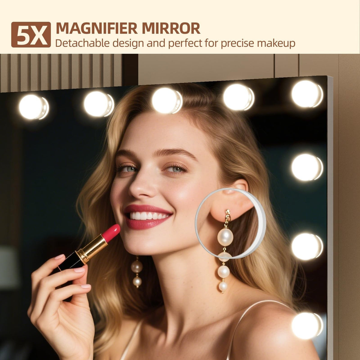 LED Hollywood Vanity Mirror with Lights & 5X Magnifier, USB-C Charging