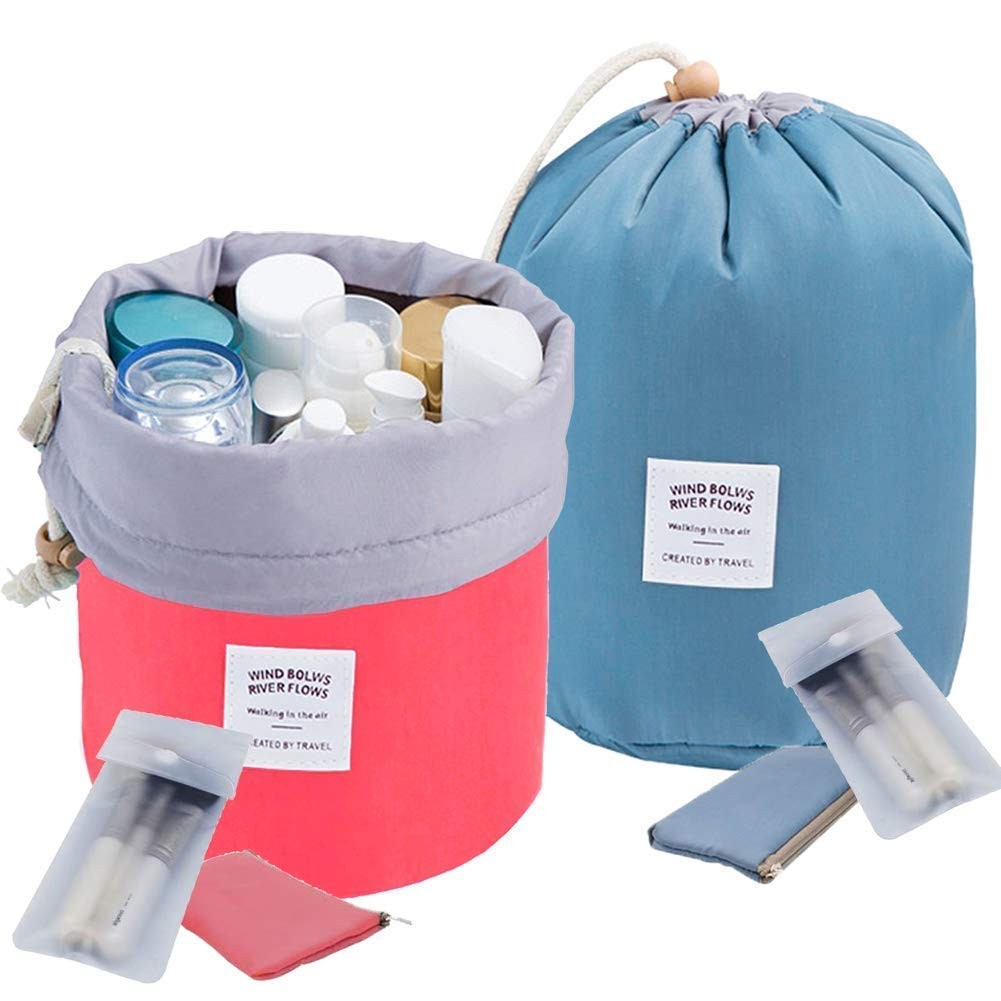 Travel Cosmetic Bag Organizer Set with Waterproof Pouch & Jewelry Pocket - Red & Blue