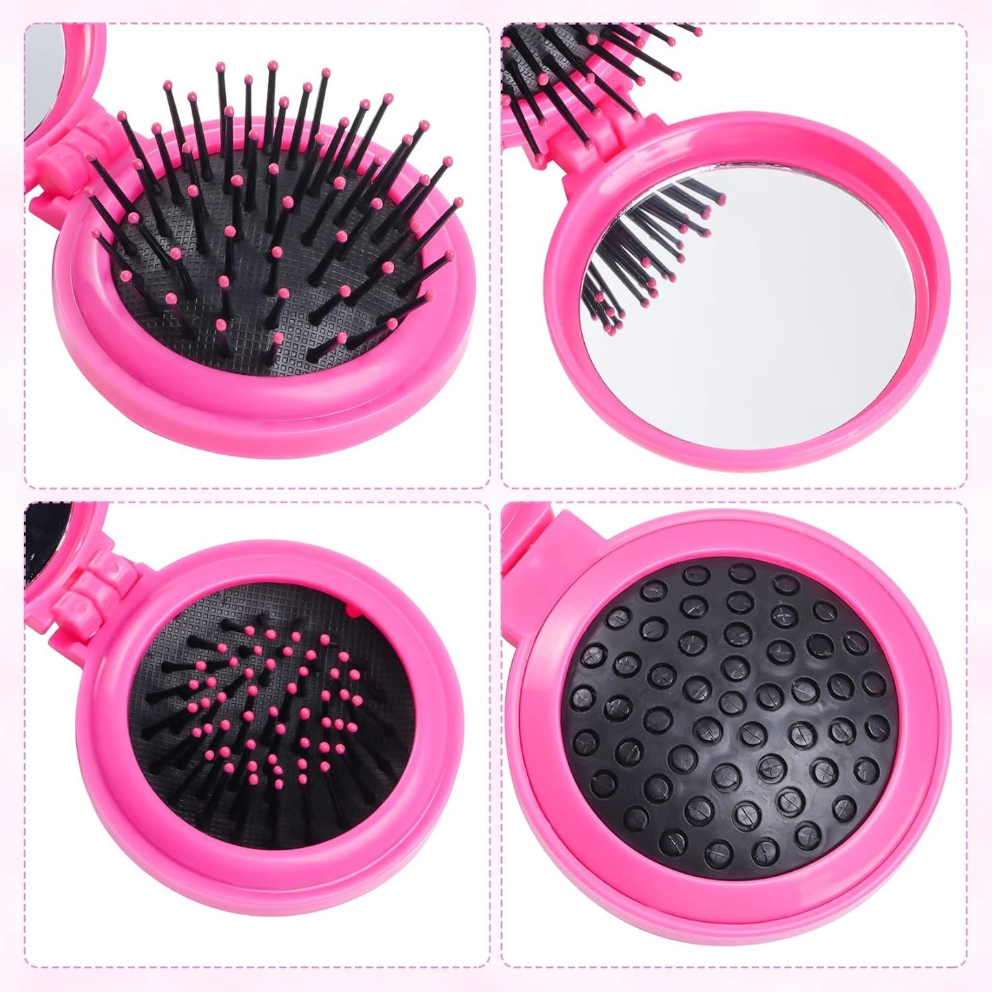 2pcs Folding Travel Hair Brushes Round Mirror Compact Rose Red & Purple